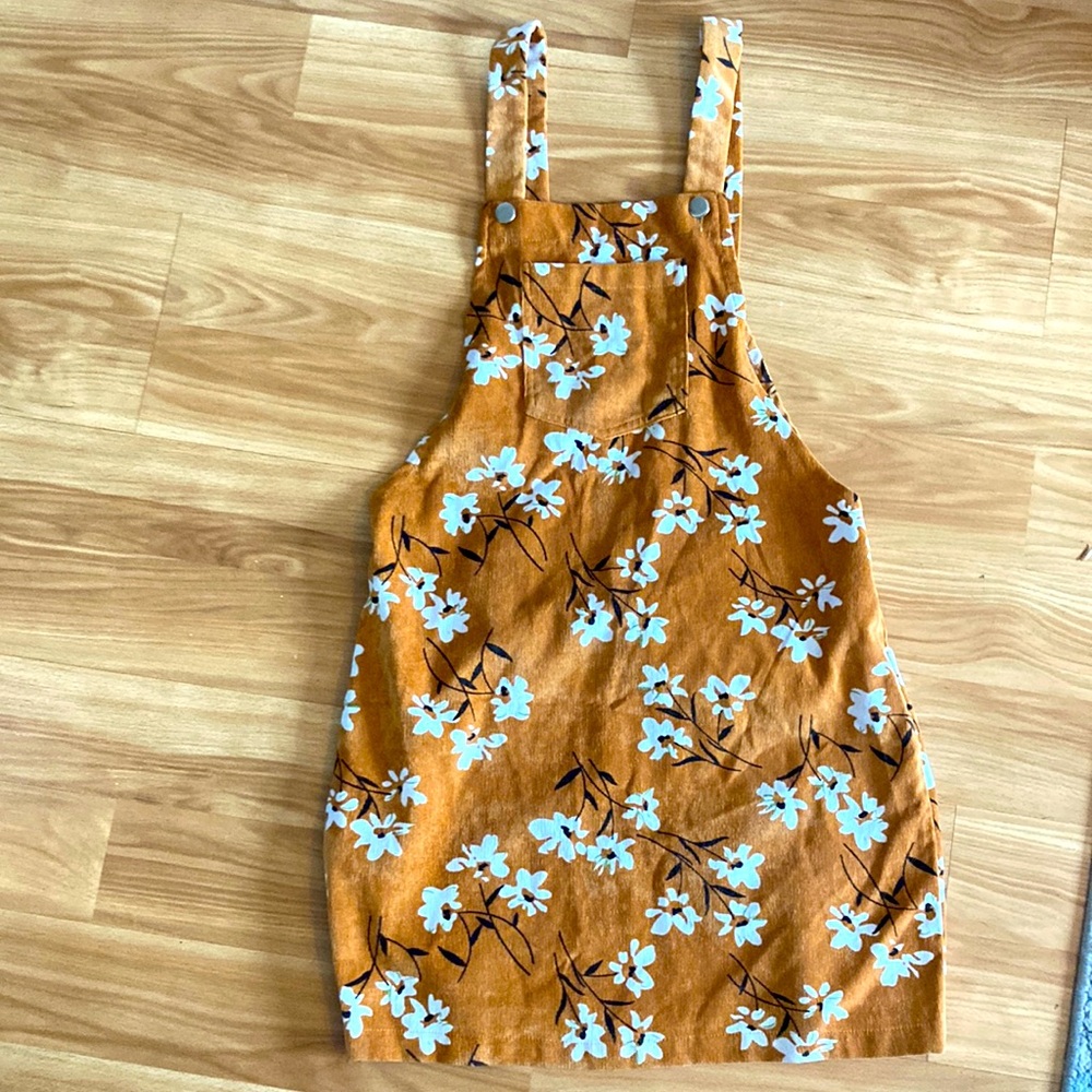 Shein corduroy overall dress burnt orange with white flowers